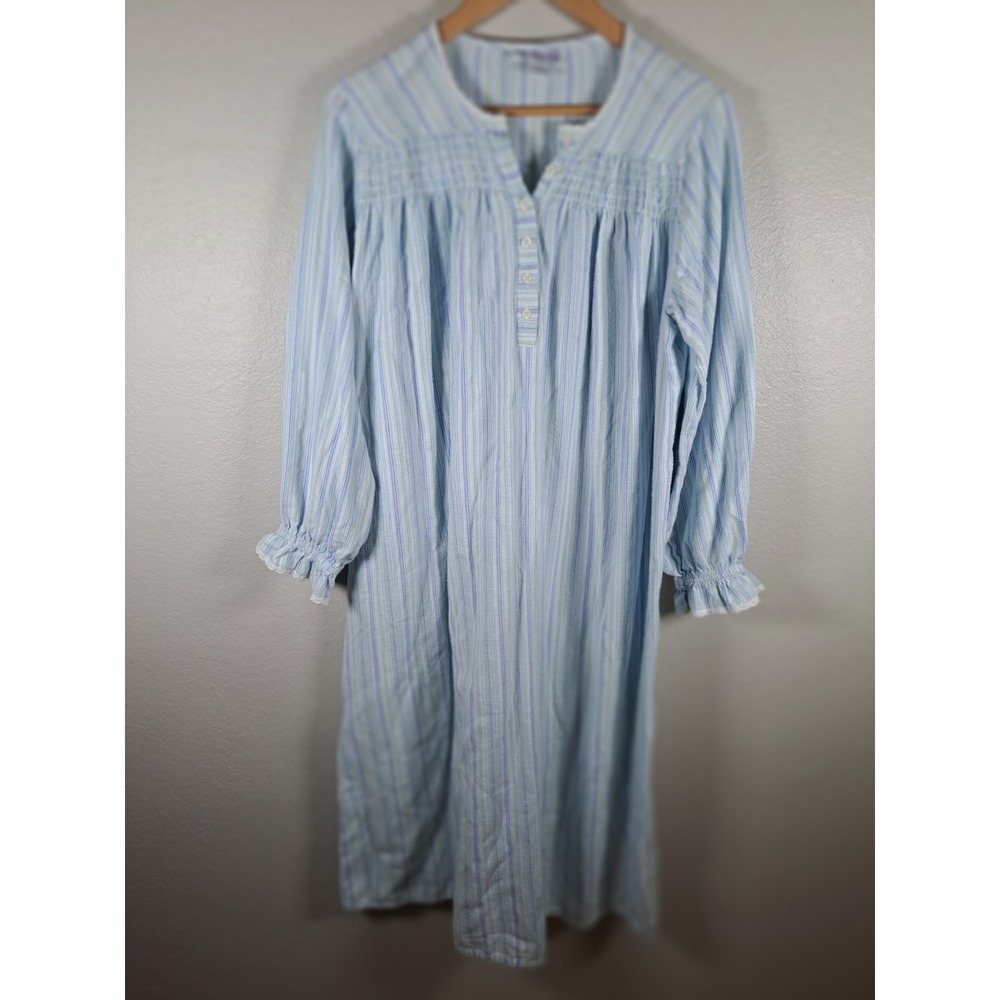 Sleep Tight Blue Green Striped Cotton Nightgown Smocked Lace Trim Large